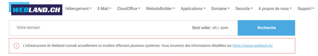Message sur le site de Webland annonçant ses problèmes